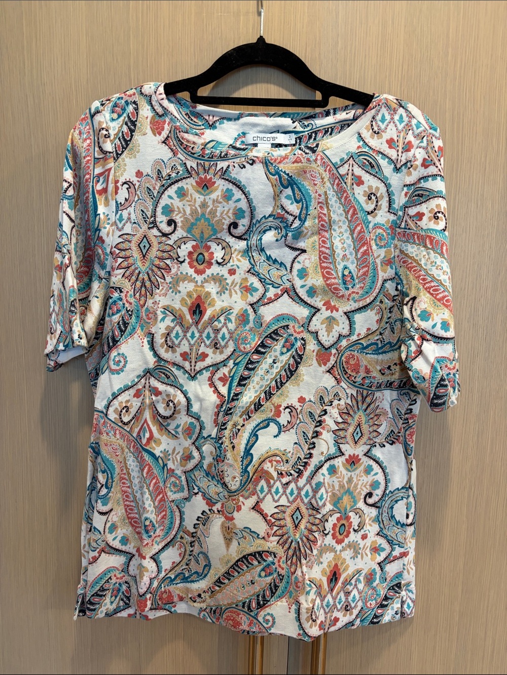 Chico's Cream Paisley Short Sleeve Top with Teal, Coral & Gold Accents